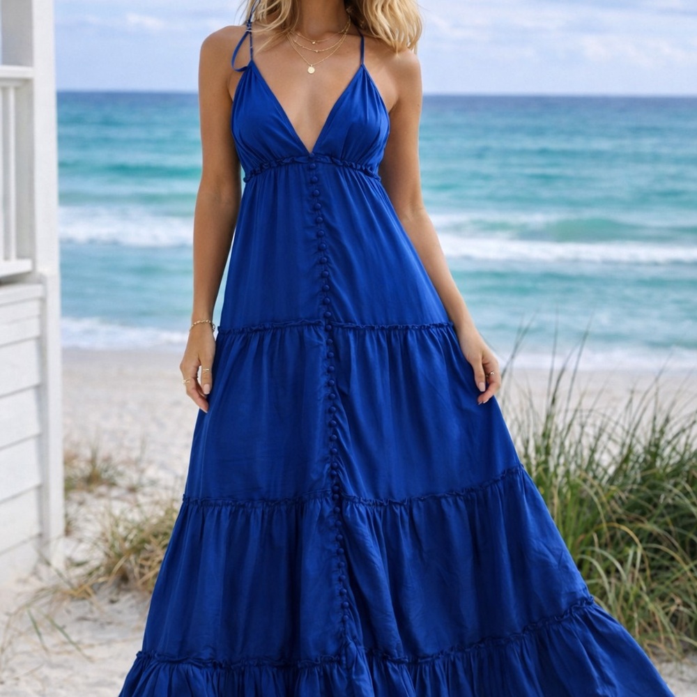 Anthropologie Blue Tiered Maxi Dress Spaghetti Strap Boho Small